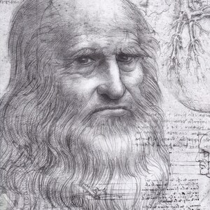 Originele vintage miniposter/boekknipsel en kaartlijst - Leonardo DaVinci (zelfportret)