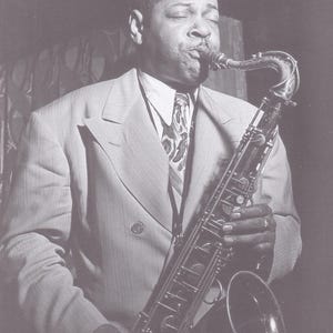Oryginalny zabytkowy mini plakat jazzowy / wycinek książki i ramka na karty - Coleman Hawkins (koniec lat 40.)