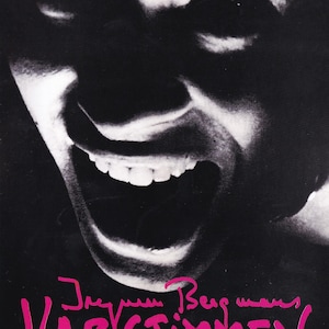 May include: A black and white movie poster featuring a close-up of a person's face with an open mouth. The title "Vargtimmen" is in pink, along with the names of the actors: Liv Ullmann, Max von Sydow, and Ingrid Thulin.