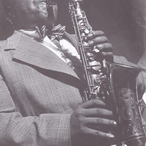 Oryginalny zabytkowy mini plakat jazzowy / wycinek książki i ramka na karty - Charlie Parker, Nowy Jork, 1948