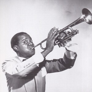 Mini affiche vintage originale de jazz / coupure de livre et cadre pour cartes - Louis Armstrong (fin des années 1930)