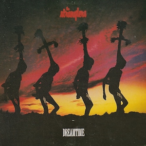 May include: Album cover for "Dreamtime" by The Stranglers. The image features four silhouetted figures with elongated headwear, walking across a sunset landscape. The band's name is at the top, and the album title is at the bottom.