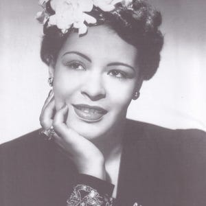 Oryginalny zabytkowy mini plakat jazzowy / wycinek książki i ramka na kartkę - Billie Holiday (lata 40. XX wieku)