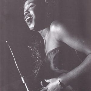 Oryginalny zabytkowy mini plakat jazzowy / wycinek książki i ramka na karty - Sarah Vaughan, Nowy Jork, 1949