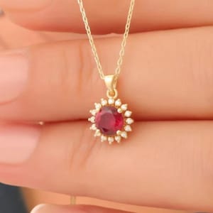 Halo Ruby Necklace, 3 carats Round Genuine Lab Grown Pigeons Blood Ruby Halo Pendant Necklace, True Red Ruby, July birthstone Gift