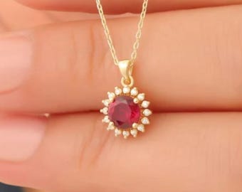 ルビーネックレス、ハロー 1 カラット 6 mm ラウンドカット 本物のラボ 