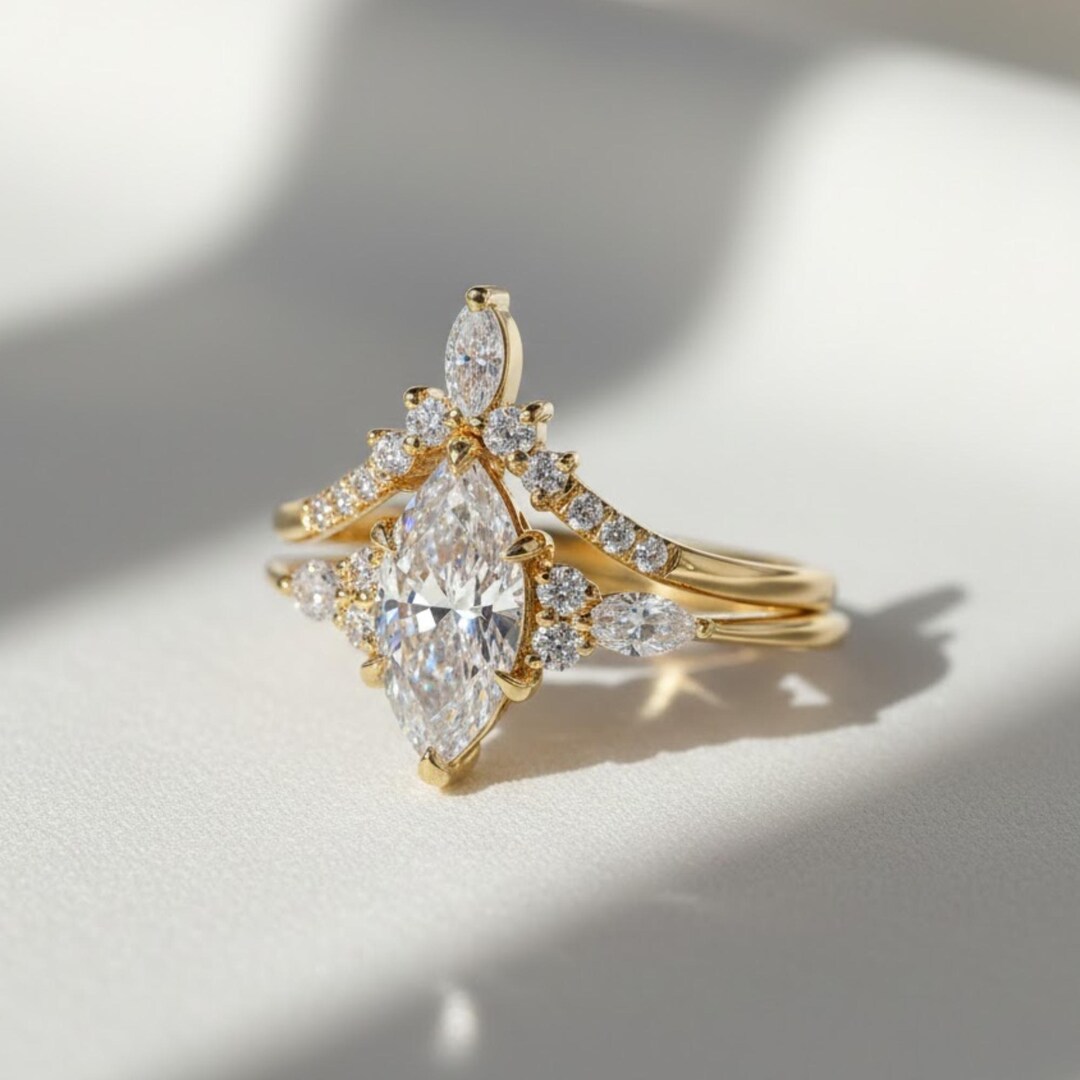 Marquise Lab Diamond Engagement Ring Set 1CT IGI Certified, Vintage Art ...
