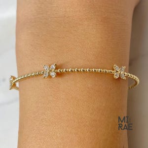 Beaded Diamond Butterfly Bracelet, Stackable Flower Bangle Bracelet, Premium 14K Solid Gold, Yellow White Rose, Flexible Diamond Bangle Gift