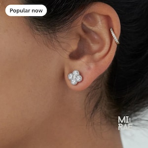 Diamond Clover Studs Earrings, 14K Solid Gold Flower Stud Earrings, Dainty Diamond Studs Minimalist Diamond Birthday Gift, Best Gift For Her