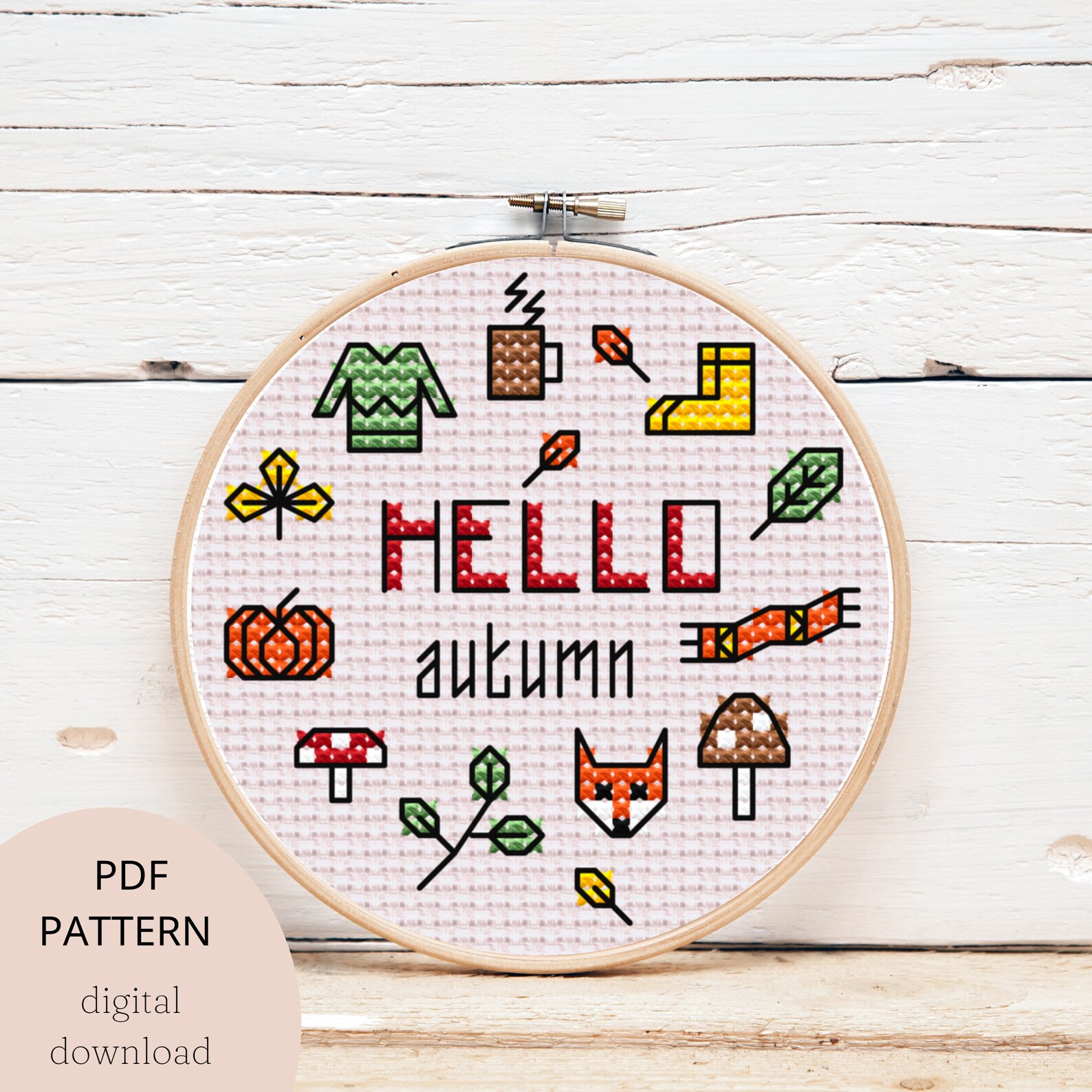 Hello Autumn Fall Cross Stitch Pattern, Pumpkin Mushroom Modern Digital ...