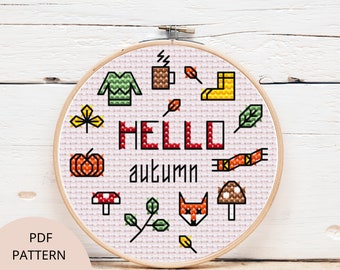 Hallo herfst herfst kruissteekpatroon, pompoenpaddestoel moderne digitale pdf-kruissteekpatroon