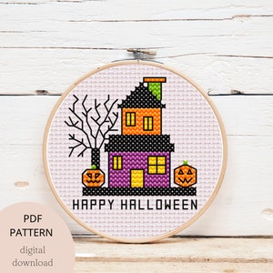 Halloween cross stitch pattern, haunted house modern digital pdf cross stitch pattern