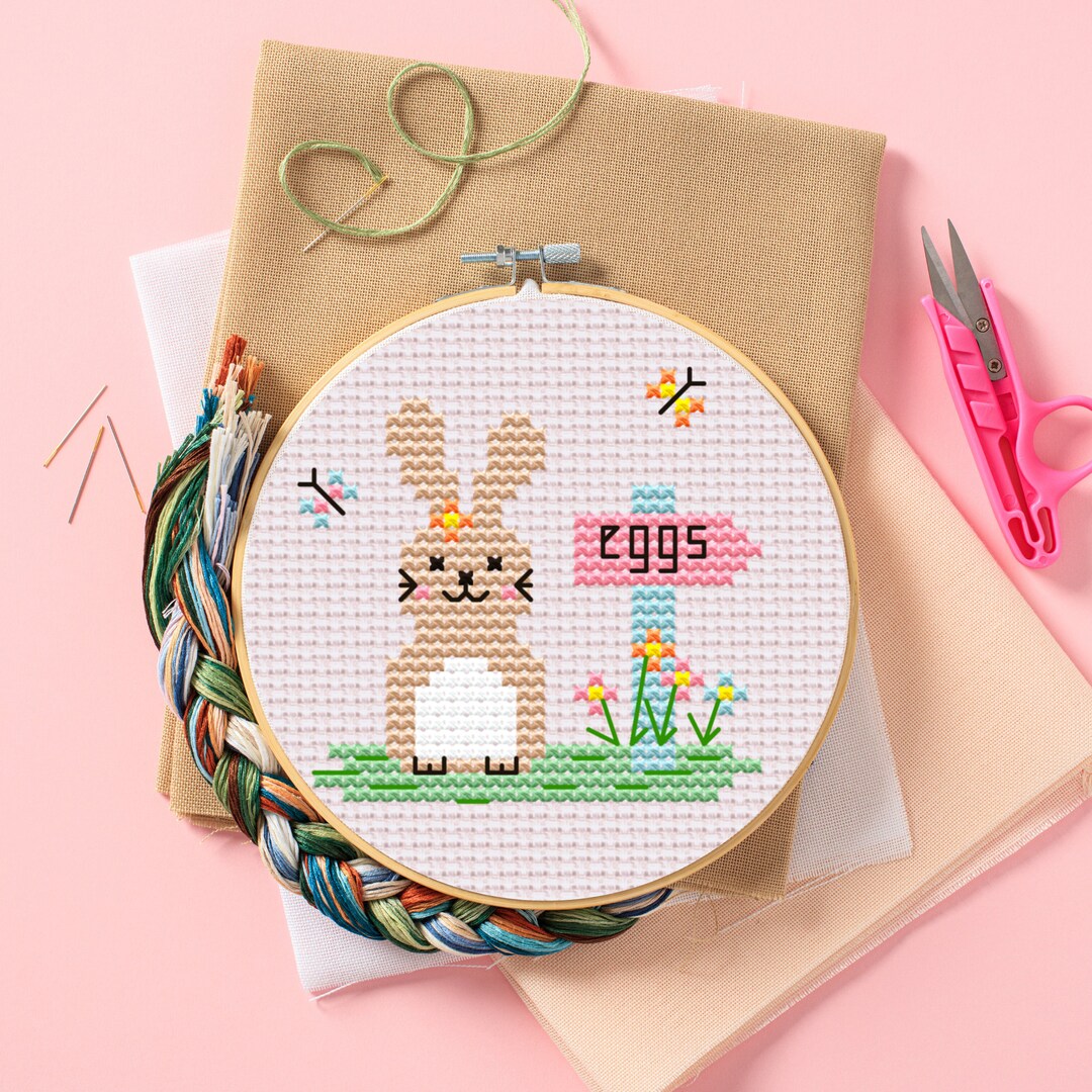 Easter Egg Hunt Cross Stitch Pattern, Spring Bunny Floral Pdf Digital ...