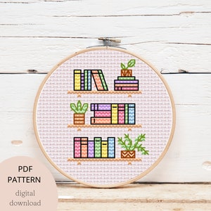 Book cross stitch, bookish bookshelves cute modern digital pdf cross stitch pattern