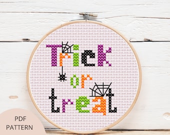 Trick or treat Halloween cross stitch pattern, modern digital pdf cross stitch pattern