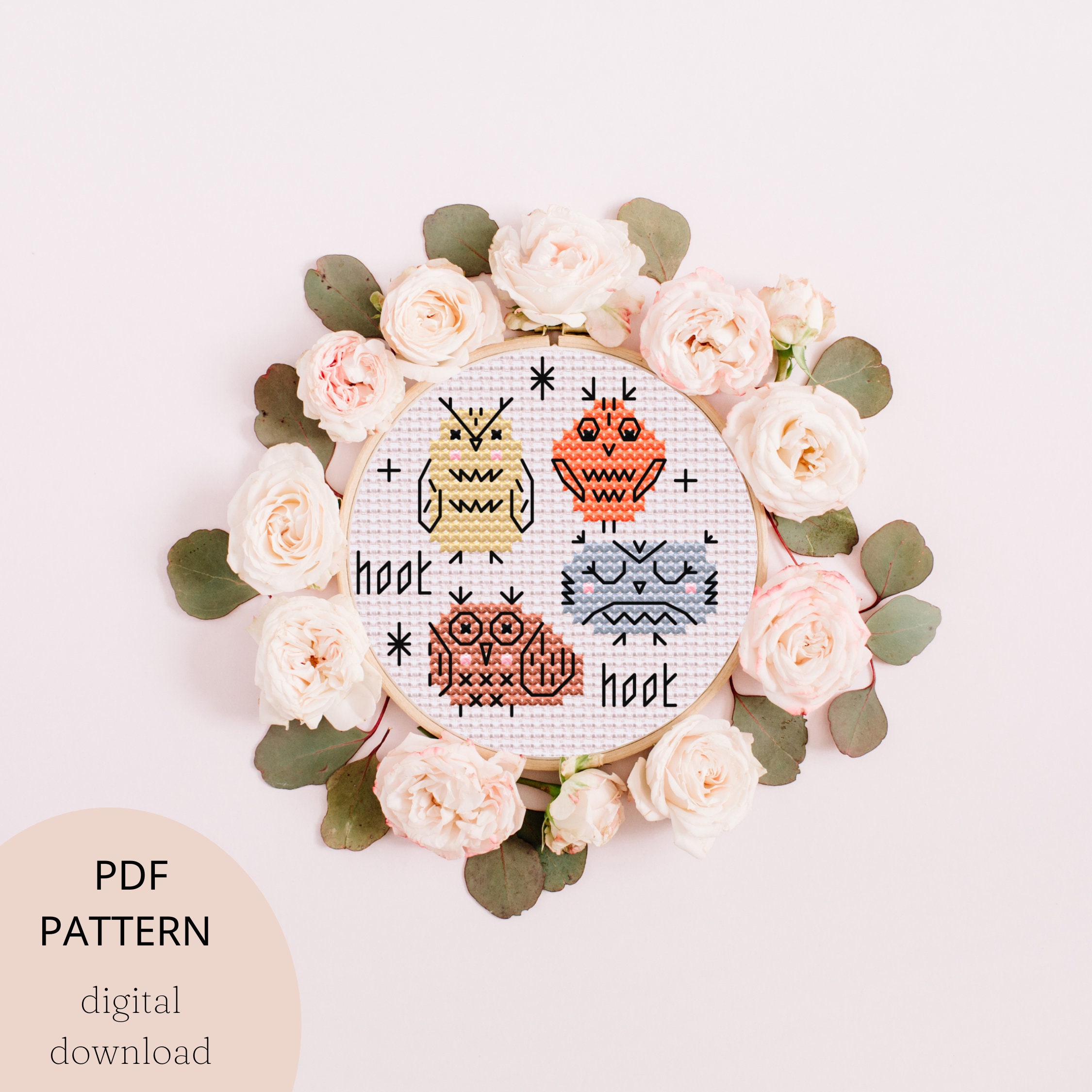 Cute owls cross stitch pattern, owl lover modern digital pdf cross stitch pattern