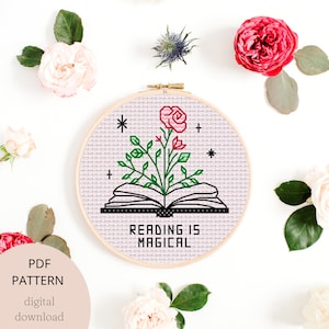 Bookish cross stitch pattern, book reader cute modern digital pdf cross stitch pattern