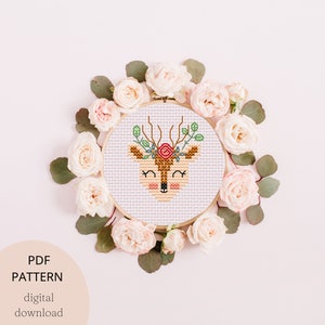 Patrón de punto de cruz de ciervo, decoración infantil para guardería, PDF digital, lindo bosque de bosque, descarga instantánea
