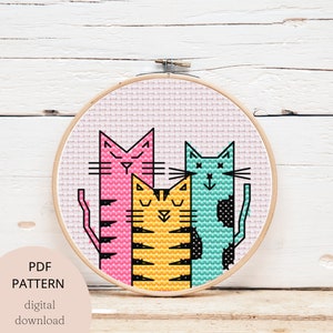 Cute pastel cats cross stitch pattern, modern digital pdf cross stitch pattern