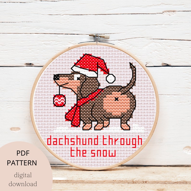 Dachshund Christmas Cross Stitch Pattern, Cute Dog Modern Digital Pdf ...