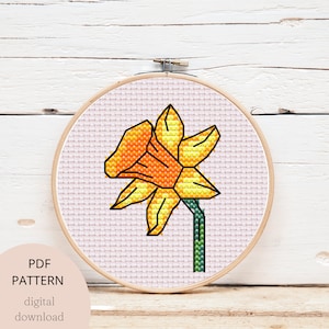 Daffodil spring cross stitch pattern, cute modern digital pdf cross stitch pattern