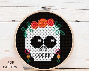 Sugar Skull Cross Stitch Pattern: Floral Dia de los Muertos (PDF Pattern)