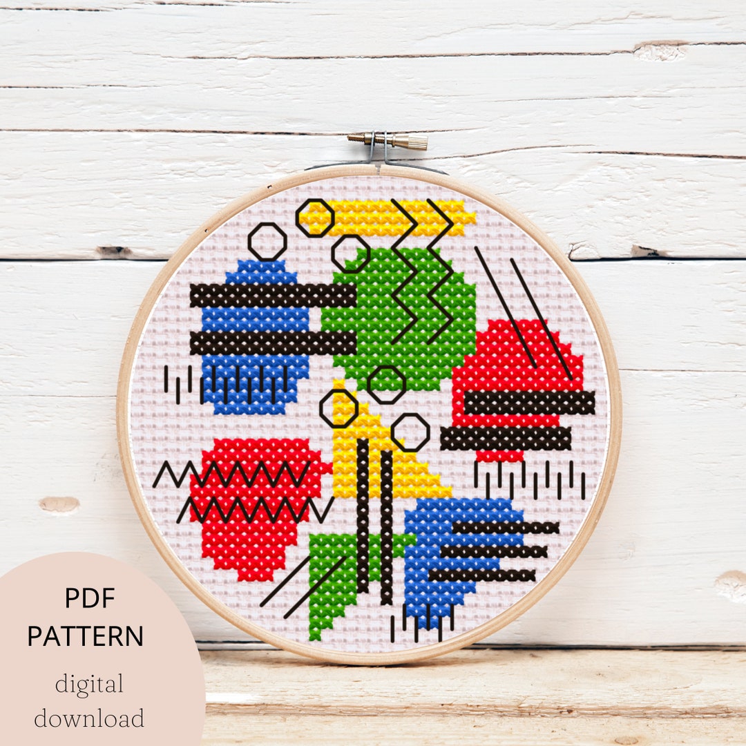 Abstract Primary Colours Cross Stitch Pattern, Modern Digital Pdf Cross