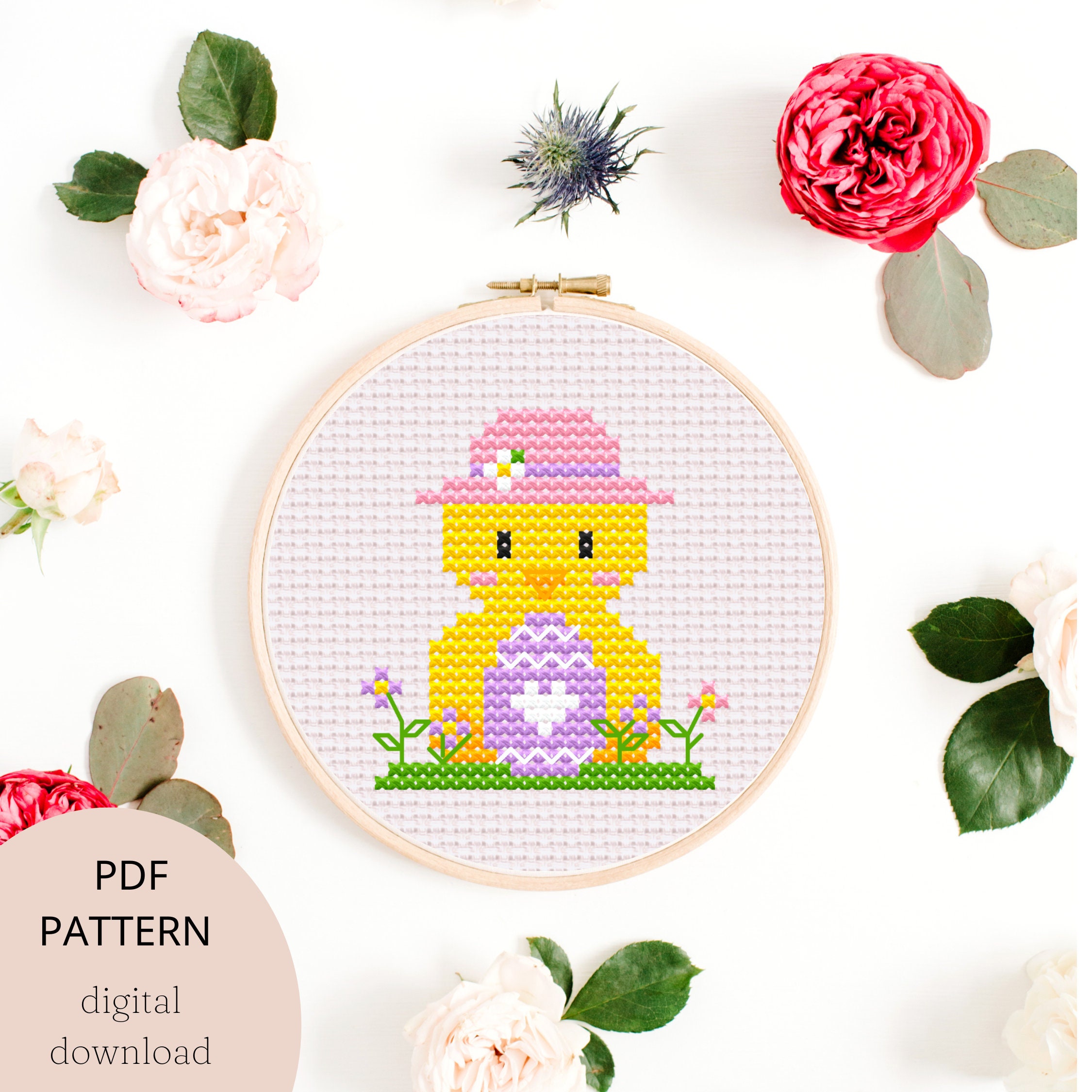 Easter Chick Cross Stitch Pattern, Spring Cute Egg Floral Download Pdf ...