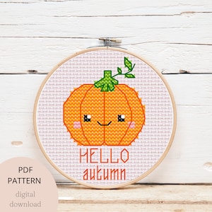 Cute pumpkin Halloween cross stitch pattern, modern digital pdf cross stitch pattern