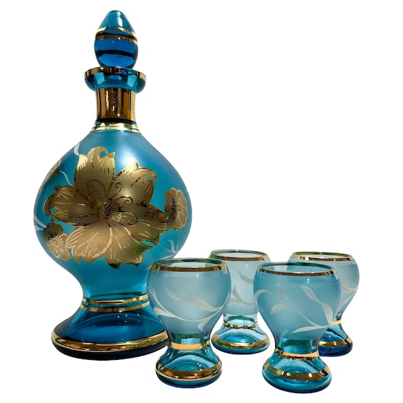 Vintage 1960s Bohemian Crystal Decanter Bottle and Glasses