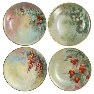 May include: A set of four round porcelain plates with gold-painted rims. Each plate features a hand-painted botanical illustration: one with red berries, one with green fruit, one with clusters of orange and purple grapes, and one with red cherries.