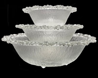 Vintage 1950s Barocco Masserini Italy Set of 3 Adeira Clear Glass Nesting Bowls Bark and Pearls Pattern Collectible Home Decor Gift Idea