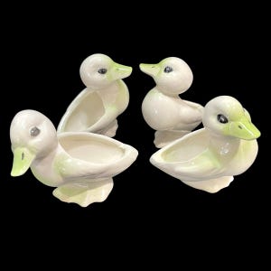 Könnte beinhalten: Vier weiße Keramik-Entenfiguren mit hellgrünen Akzenten. Die Enten haben offene Behälter auf dem Rücken. Die Enten sind vor einem schwarzen Hintergrund angeordnet.