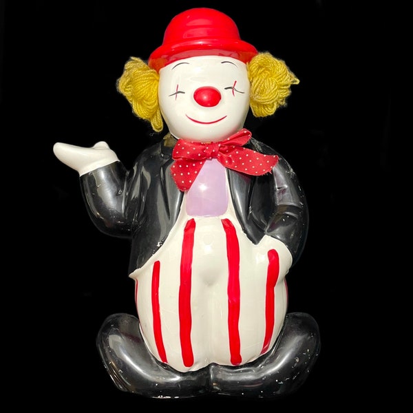 Vintage 1950s Circus Clown Standing with Bowler Hat & Yarn Hair Chalkware Coins Bank Mid-Century Collectible Home Decor Gift Idea Rare Find