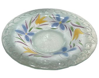 Vintage 1990s Large Console Bowl Free Formed Glass - Spring Floral Pattern - Made in Taiwan