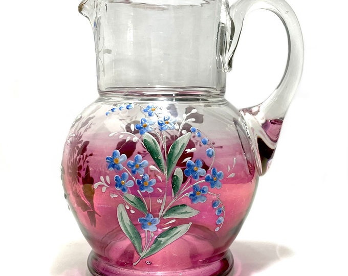 Antique 1880s Victorian Hand Blown Unique Glass Pitcher Hand Painted ...