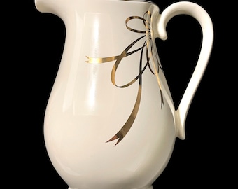 Vintage 1970s Teleflora Porcelain Pitcher 1-Quart #82 Beige with Gold Ribbon Bow Accent Japan Teleflora Gift Floral Vase Collectible Decor