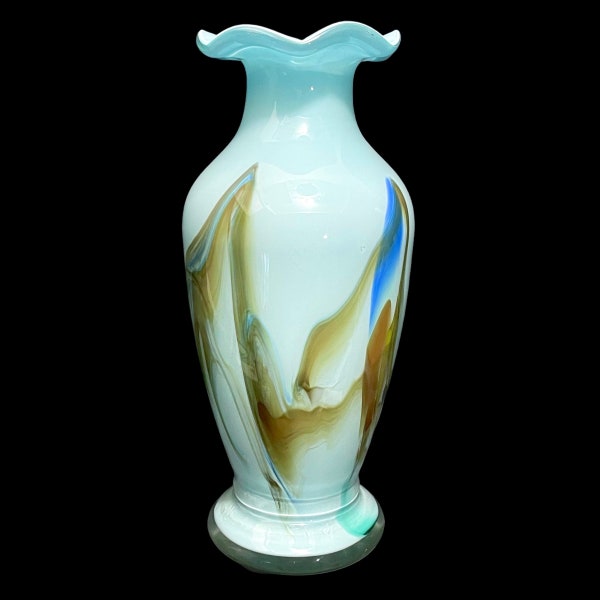 vintage années 1960 Dalian Art Glass Snowflake China Ruffled Urn Vase MCM Soufflé à la main MArbled Colorful Abstract Pattern sur Soft Blue Collectible