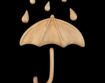 Vintage 1970s Umbrella Ceramic Wall Plaque with Rain Drops Beige Tan Wall Decor