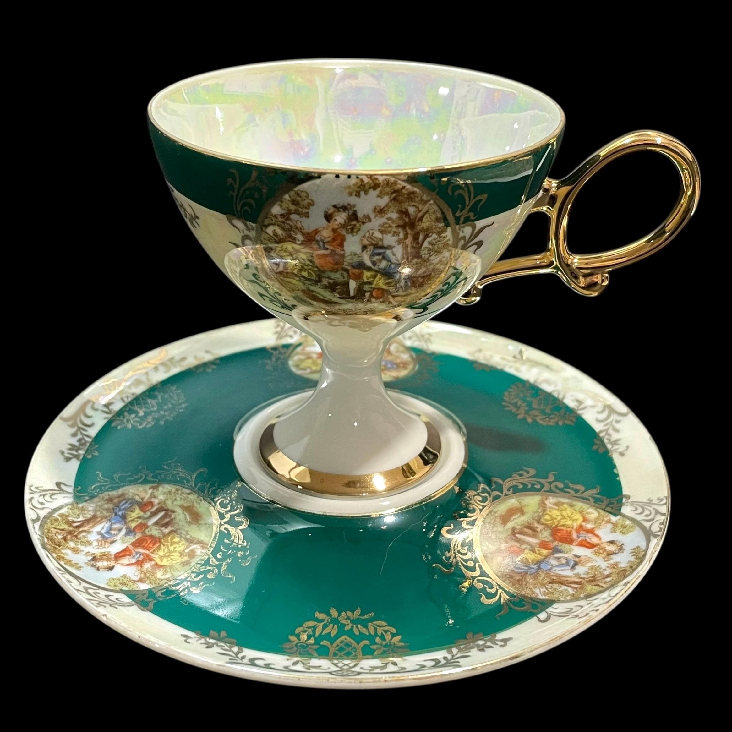 Vintage 1950s Shafford Japan Iridescent Pedestal Teacup and Saucer