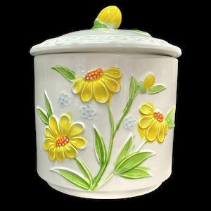 Può includere: Contenitore in ceramica bianca con coperchio, decorato con fiori di margherita gialli in rilievo, foglie verdi e piccoli fiori blu. Il coperchio ha una maniglia a forma di bocciolo giallo. Un contenitore decorativo per la cucina.