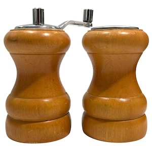 Vintage 1970s Wooden Small Salt Shakers Chrome Crank Candle Pepper Grinder - Mid-Century Modern