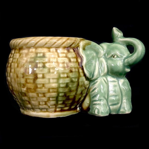 Vintage 1950s Majolica Lucky Elephant Planter Trunk Up Weaved Basket Green Glaze Unique Pottery Art Deco Collectible Home Decor Gift Idea