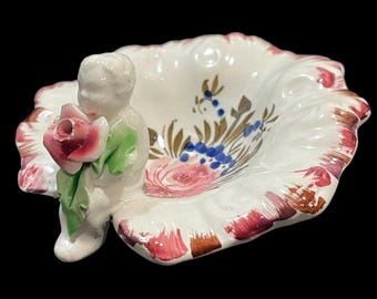 Vintage 1950s Italian Cherub Applied Flowers Painted Small Dish Capodimonte Style