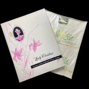 Vintage 1950s Lady Christina Montreal Washable Luxury Embroidered Pillow Cases by Decorative Linens MFG LTD made in Canada Collectible Rare