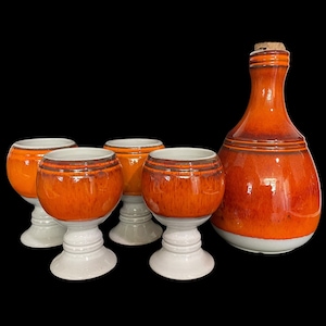 Vintage 1970s "Le Flambé" Decanter and Goblets (4) Set by Jean Cartier - Beauceware Montreal, Quebec Canada - Pottery Art Mid-Century-Modern
