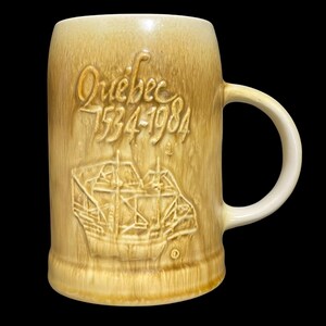 Vintage 1980s Laurentian Pottery Quebec Canada 450th Anniversary 1534-1984 - Ceramic Beer Stein - Jacques Cartier Sailboat