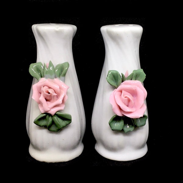 Vintage 1960s Capodimonte Style Cottagecore Floral Glazed Porcelain Salt Pepper Shakers Delicate Handmade Pink Roses Vase Flowers Home Decor