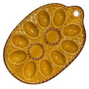 Vintage 1960s Deviled Egg Oval Ceramic Platter/Tray - Weave Basket Pattern Hand Painted Pottery - Made in Japan - Mid-Century Farmhouse
