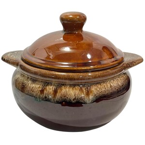 Vintage 1960s Ceramic Bean Pot With Two-Tone Brown Glaze Made in Taiwan AS IS